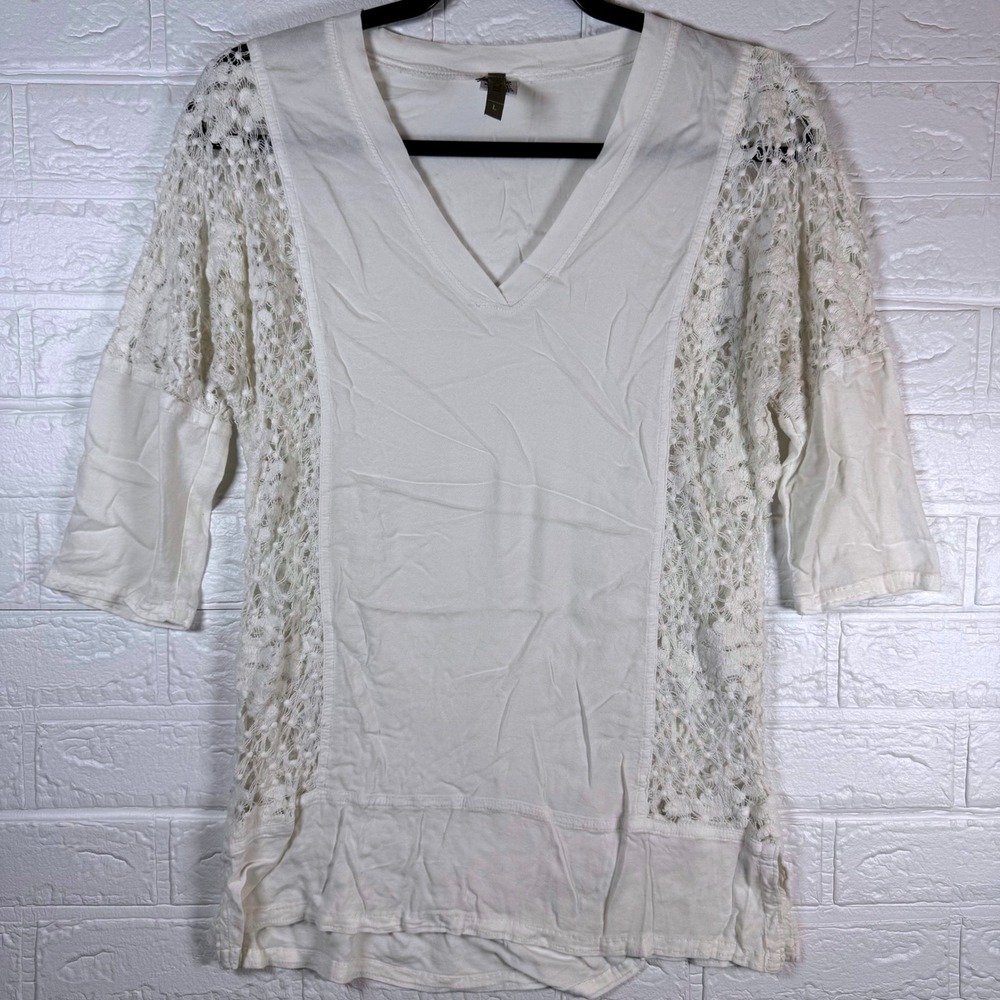 XCVI V-Neck Top Womens Large White Crochet Lace Panel 3/4 Sleeve Boho